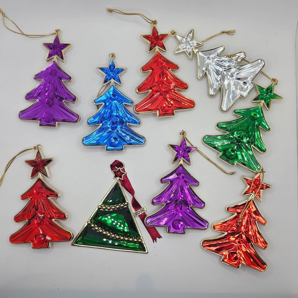 Vintage Acrylic Christmas Tree Ornaments Lot Colorful Gold Trim Retro Holiday -9